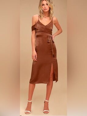 J.O.A. Anouk Rust Orange Satin Midi Silk Slip Dress Size Small